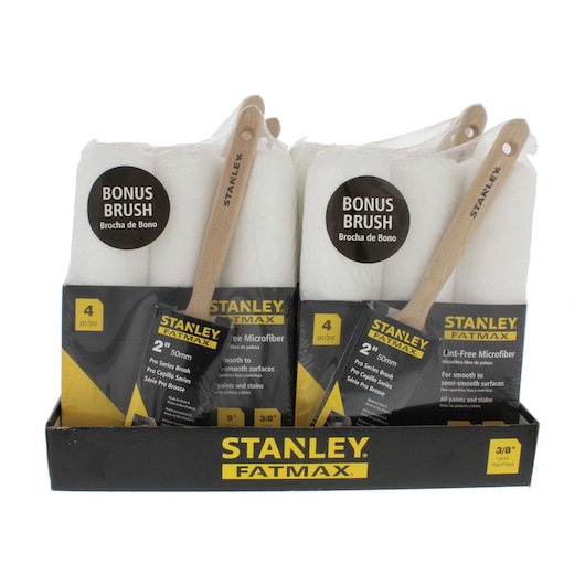 STANLEY FATMAX 4-pack lint-free microfiber paint rollers with bonus 2 inch pro series brush, display box front angle.