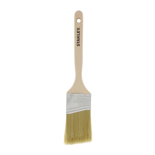 Stanley paint brush with beige plastic handle and light bristles, front angle on white background