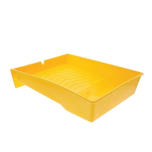 Stanley yellow plastic paint tray, angled view, ribbed interior for roller use