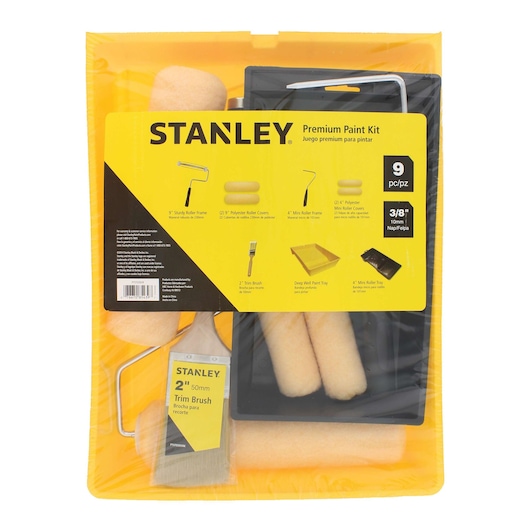 STANLEY PTST03939 premium paint kit with roller frames, polyester covers, brush, and trays, front angle