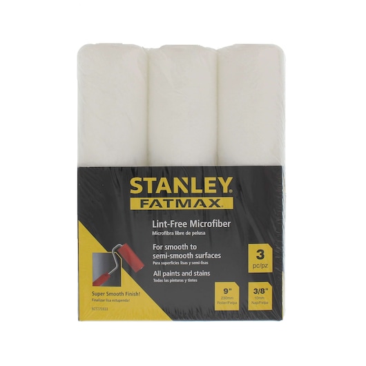 STANLEY FATMAX lint-free microfiber roller covers, 3-pack, 9 inch, front view on white background.