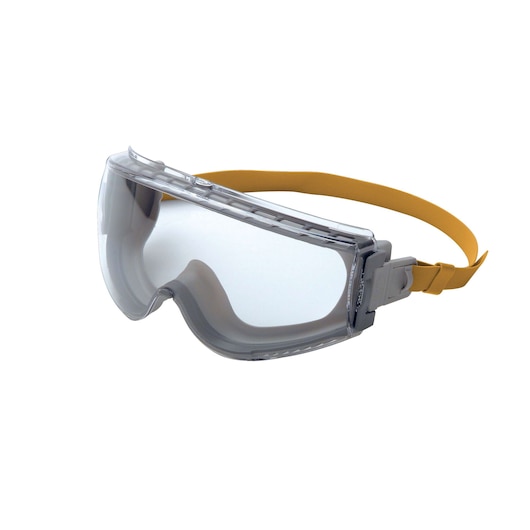 Stanley safety goggles front angle, clear lens, gray frame, yellow adjustable strap on white background