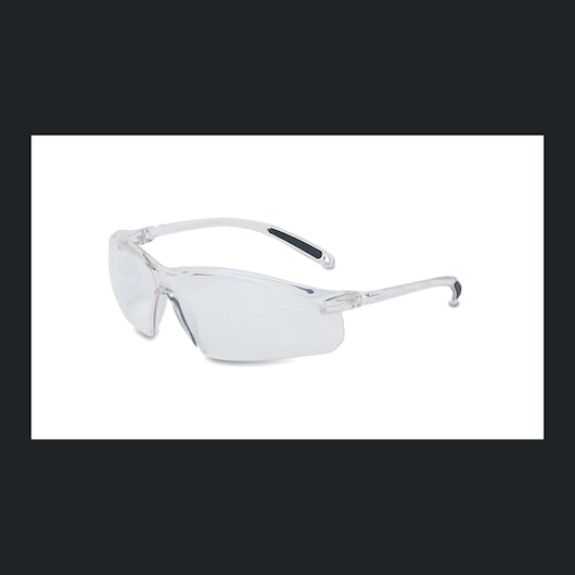 Stanley clear safety glasses, angled side view on white background, transparent frame and lenses