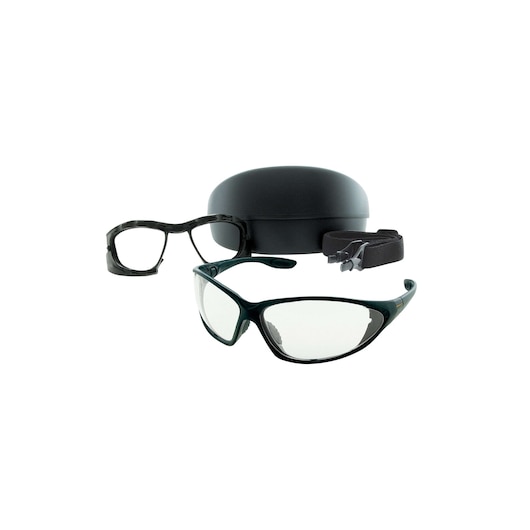 STANLEY safety glasses kit with clear lens glasses, extra frame insert, adjustable strap, and black hard case, front angle