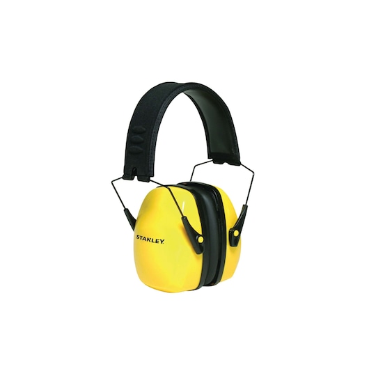 Stanley yellow over-ear earmuffs, front angle on white background, padded black headband