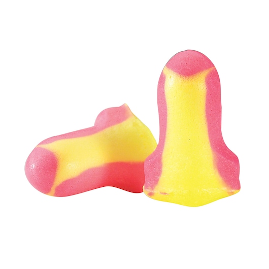 Front angle of STANLEY foam earplugs with bright pink and yellow pattern on white background