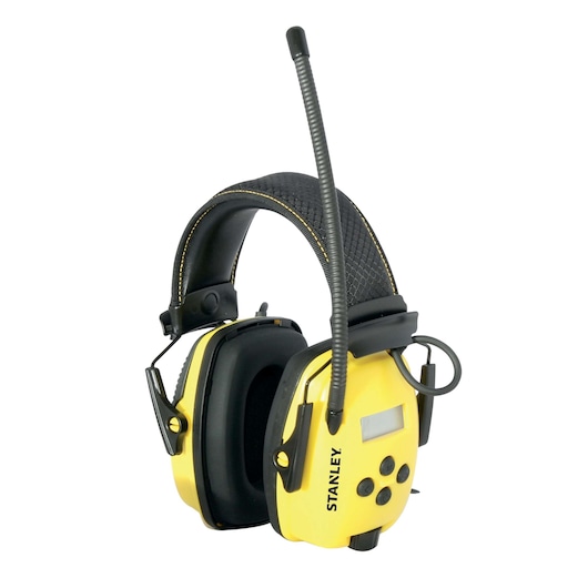 Stanley yellow and black over-ear radio earmuffs with digital display, buttons, and antenna, front angle