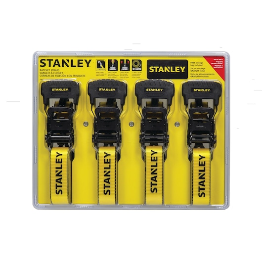 STANLEY S10074 ratchet straps, yellow with black hooks, set of four in plastic packaging, front angle.