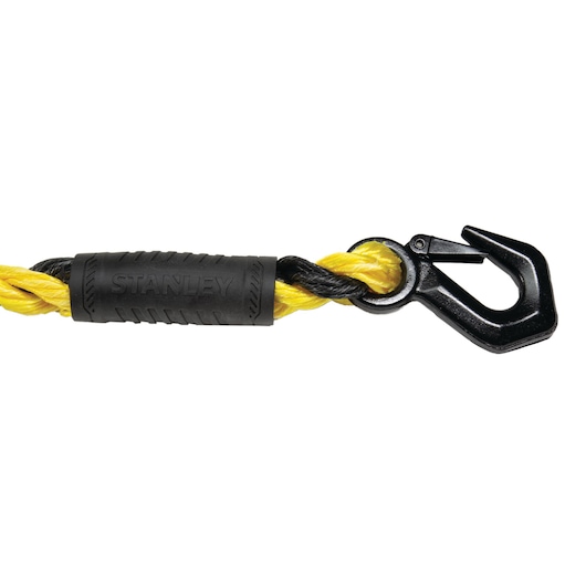 Stanley S1052 yellow and black braided rope with black hook, close-up on white background.