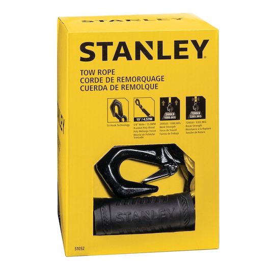 STANLEY S1052 tow rope in yellow packaging with black hook visible, front angle.