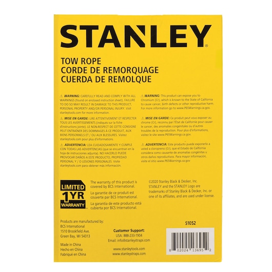 Photo of STANLEY S1052 tow rope packaging, yellow box with multilingual warnings and warranty details, rear angle.