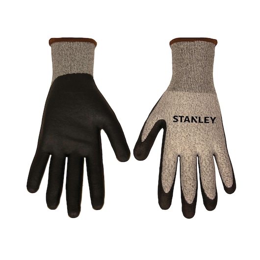 Photo of STANLEY S37341 gray and black work gloves, front and back view, on white background.