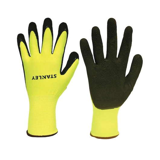 Stanley yellow and black work gloves, front and back view on white background