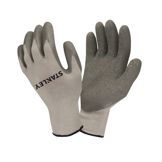 Stanley grey work gloves pair, textured palm, front and back view, white background