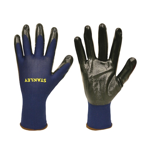 Stanley blue and black coated work gloves, front and back views, on white background