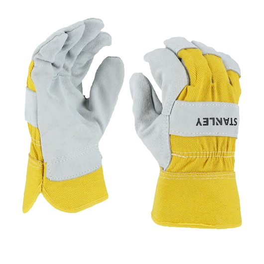 Stanley yellow and gray work gloves, front and back view, white background.