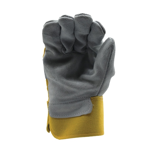 Stanley grey and yellow suede work glove, front view on white background.