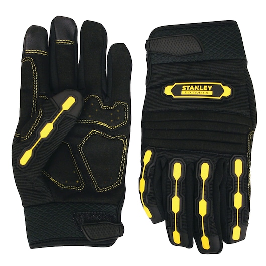 Stanley Fatmax black work gloves, flat lay, yellow accents, reinforced padding, white background