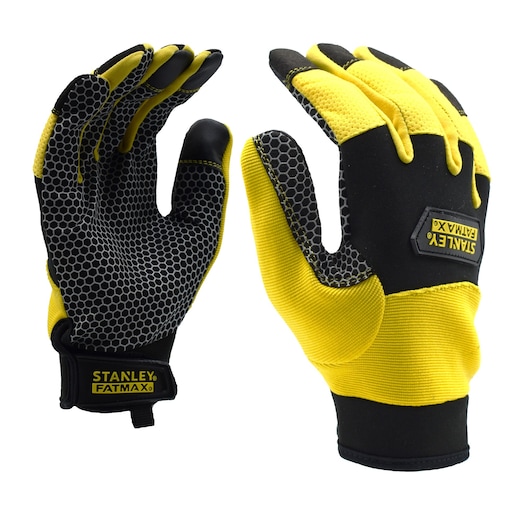 Stanley FATMAX yellow and black work gloves, front and back view on white background