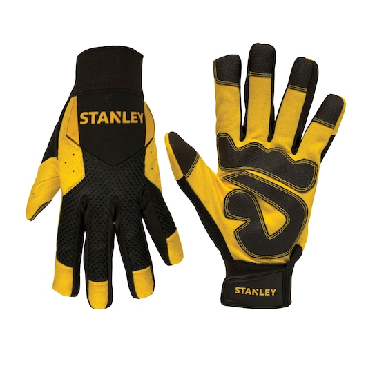 Stanley yellow and black work gloves, front and back view, on white background
