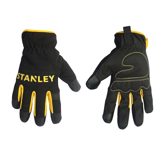 Stanley black and yellow work gloves, flat lay front and back view on white background.