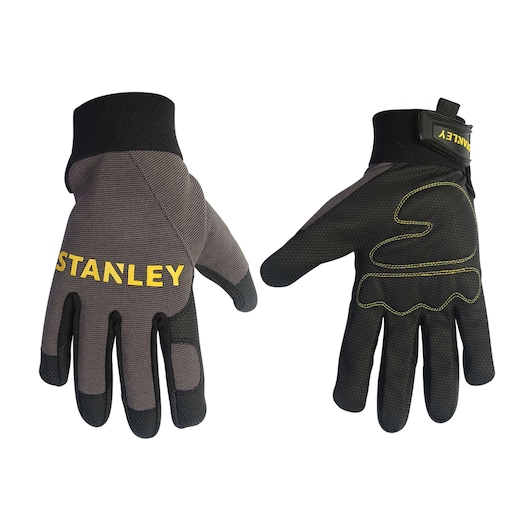 Stanley work gloves, black and gray, front and back angles on white background, yellow logo and stitching