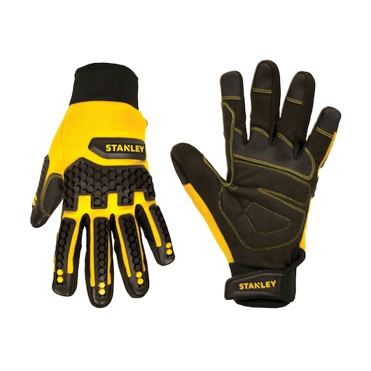 Stanley yellow and black work gloves, front and back view, white background