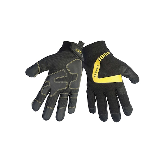 Stanley black and yellow work gloves pair, front and back view, on white background