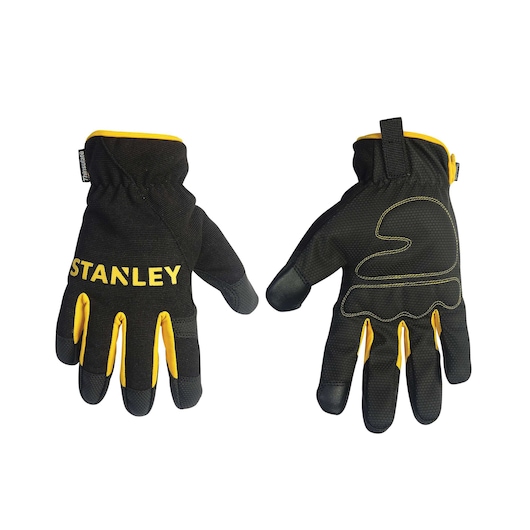 Stanley black and yellow work gloves, front and back view, on white background, photography category