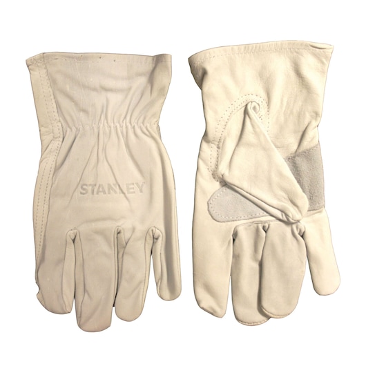 Stanley white leather work gloves, front and back views, on white background.