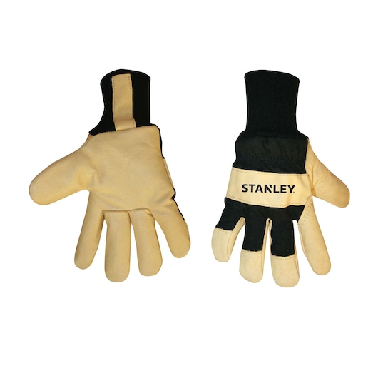 Front and back view of STANLEY beige and black work gloves on white background.