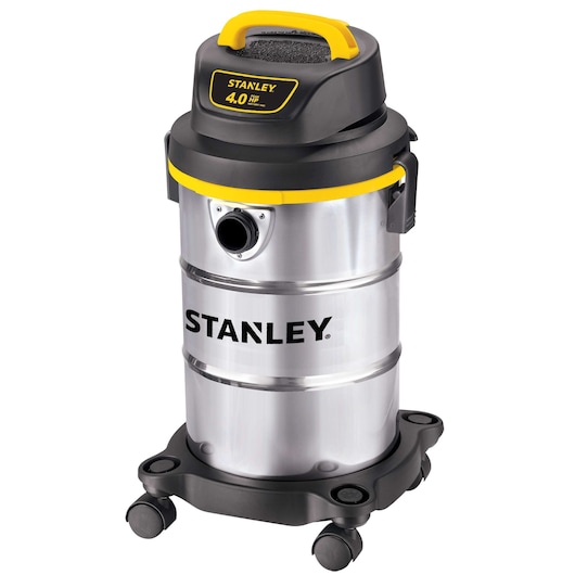 Stanley stainless steel wet dry vacuum, front angle, black and yellow lid, four caster wheels