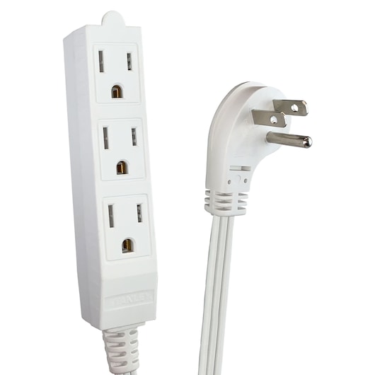 Stanley ST31142 white three-outlet power strip with angled plug, shown on white background.