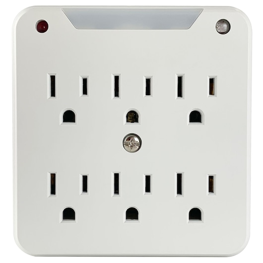 STANLEY ST33208 white wall tap with six outlets, front angle, indicator light, and mounting screw.