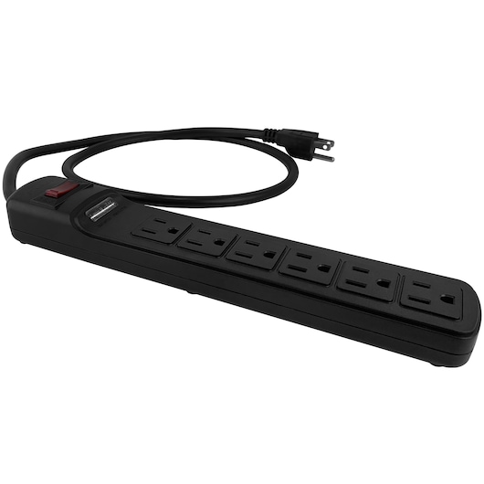 STANLEY ST33220 black six-outlet power strip with USB port and power switch, angled view on white background.