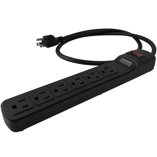 STANLEY ST33220 black surge protector power strip, five outlets, angled view, long cord visible.