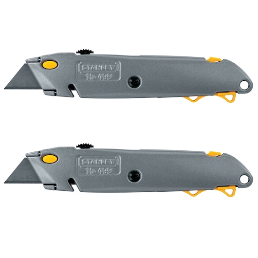 STANLEY STHT10274 utility knives in gray with yellow accents, side view, on white background.