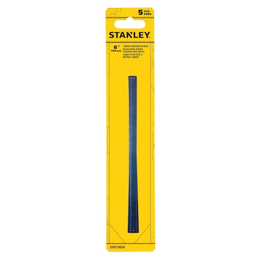 Stanley STHT14038 junior hacksaw blades 5-pack in yellow retail packaging, front angle.