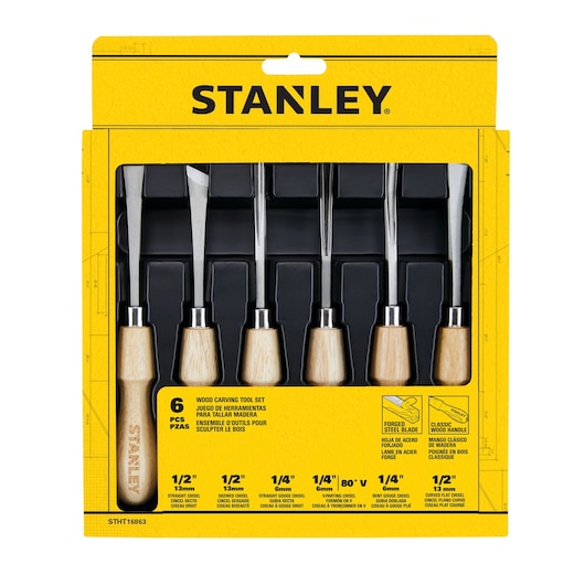 Photo of STANLEY STHT16863 wood carving tool set with six chisels in yellow packaging, front angle.
