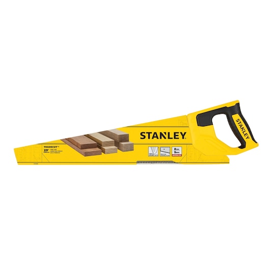 Photo of STANLEY STHT20350 hand saw with yellow and black handle in side view, package shows wood planks illustration.