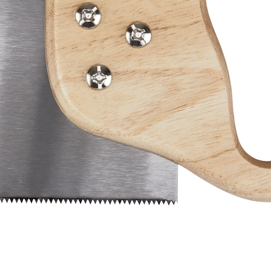 STANLEY STHT20359 hand saw close-up with wooden handle and steel blade, photography on white background.