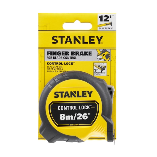 Photo of STANLEY STHT37238 tape measure, yellow and black, 8m/26', CONTROL-LOCK, in retail packaging, front angle.