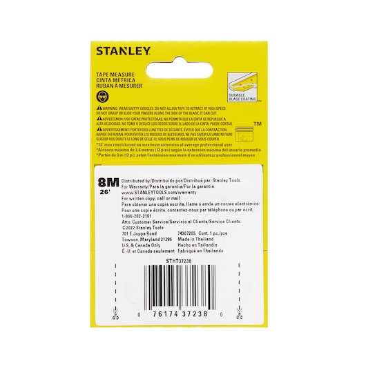 Stanley STHT37238 tape measure 8M/26' packaging back view with safety warnings and product information.