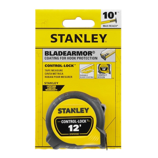 Stanley STHT37242 Control-Lock 12' tape measure, yellow and black, front packaging view.