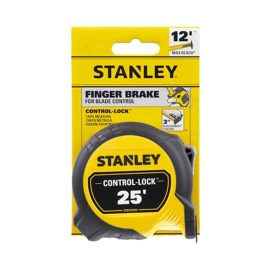 Stanley STHT37244 Control-Lock 25' tape measure, yellow and black, front packaging view.