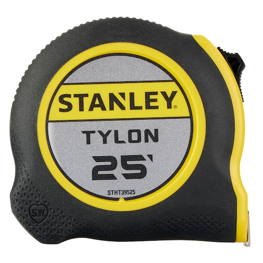 Stanley STHT39525 25-foot Tylon tape measure, black and yellow, front angle photo.