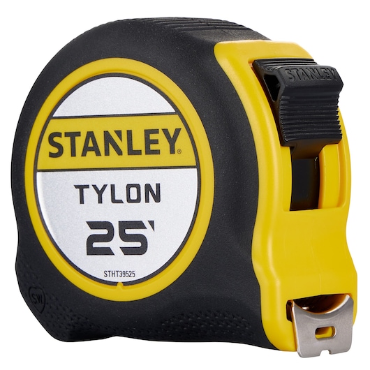 STANLEY STHT39525 tape measure, black and yellow casing, side angle on white background.