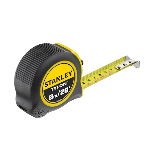 STANLEY STHT39526 tape measure, 8m/26ft, black and yellow casing, side angle, white background.