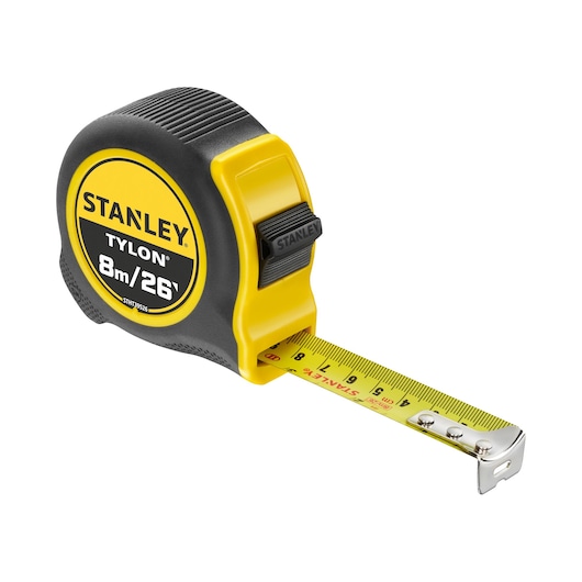 STANLEY STHT39526 tape measure, yellow and black, angled view with extended measuring blade.