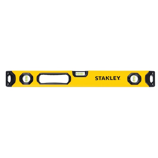 Stanley yellow spirit level with three bubble vials, black end caps, and a handle, front view on white background.